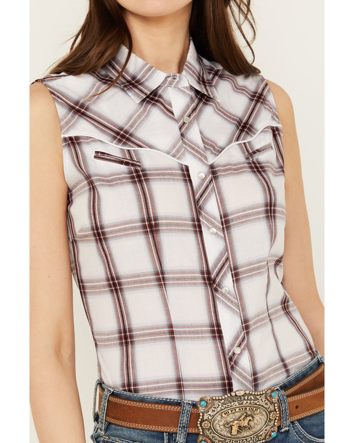 Ely Walker Women's Sleeveless Plaid Print Western Pearl Snap Shirt