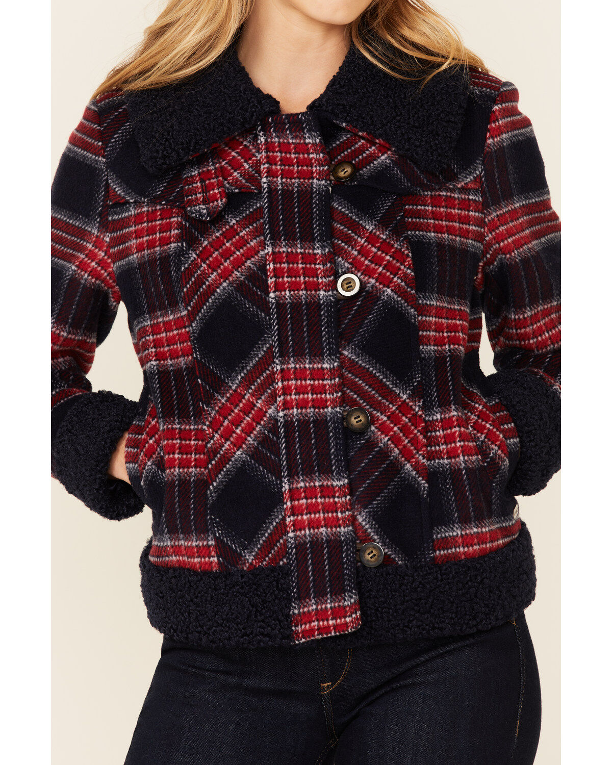 Powder River Outfitters Women's Red & Navy Plaid Button-Front Wool Sherpa Coat