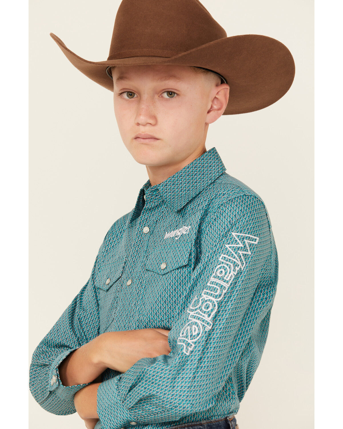 Wrangler Boys' Logo Sleeve Printed Long Sleeve Snap Western Shirt
