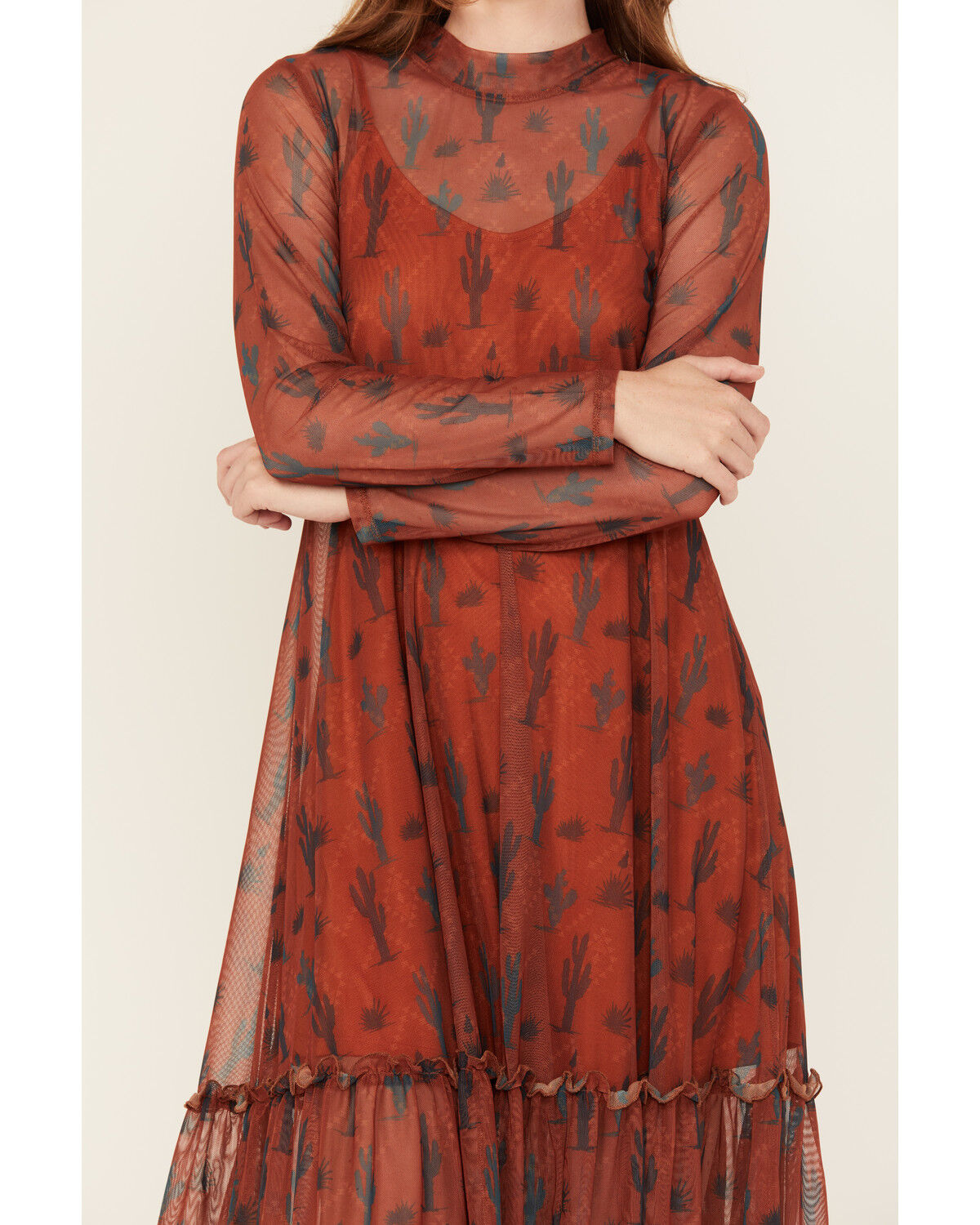 Panhandle Women's Cactus Print Long Sleeve Mesh Midi Dress
