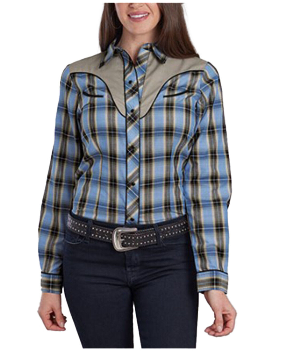 Roper Women's Plaid Print Embroidered Long Sleeve Snap Stretch Western Shirt