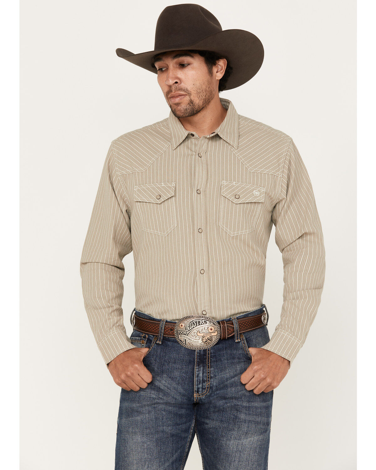 Blue Ranchwear Men's Denim Dobby Striped Long Sleeve Western Pearl Snap Shirt