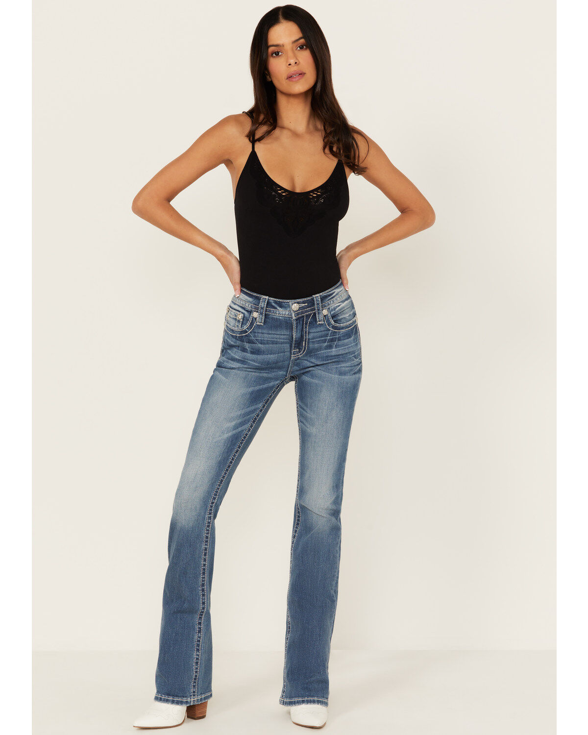 Miss Me Women's Medium Wash Mid Rise Floral Pocket Bootcut Stretch Denim Jeans