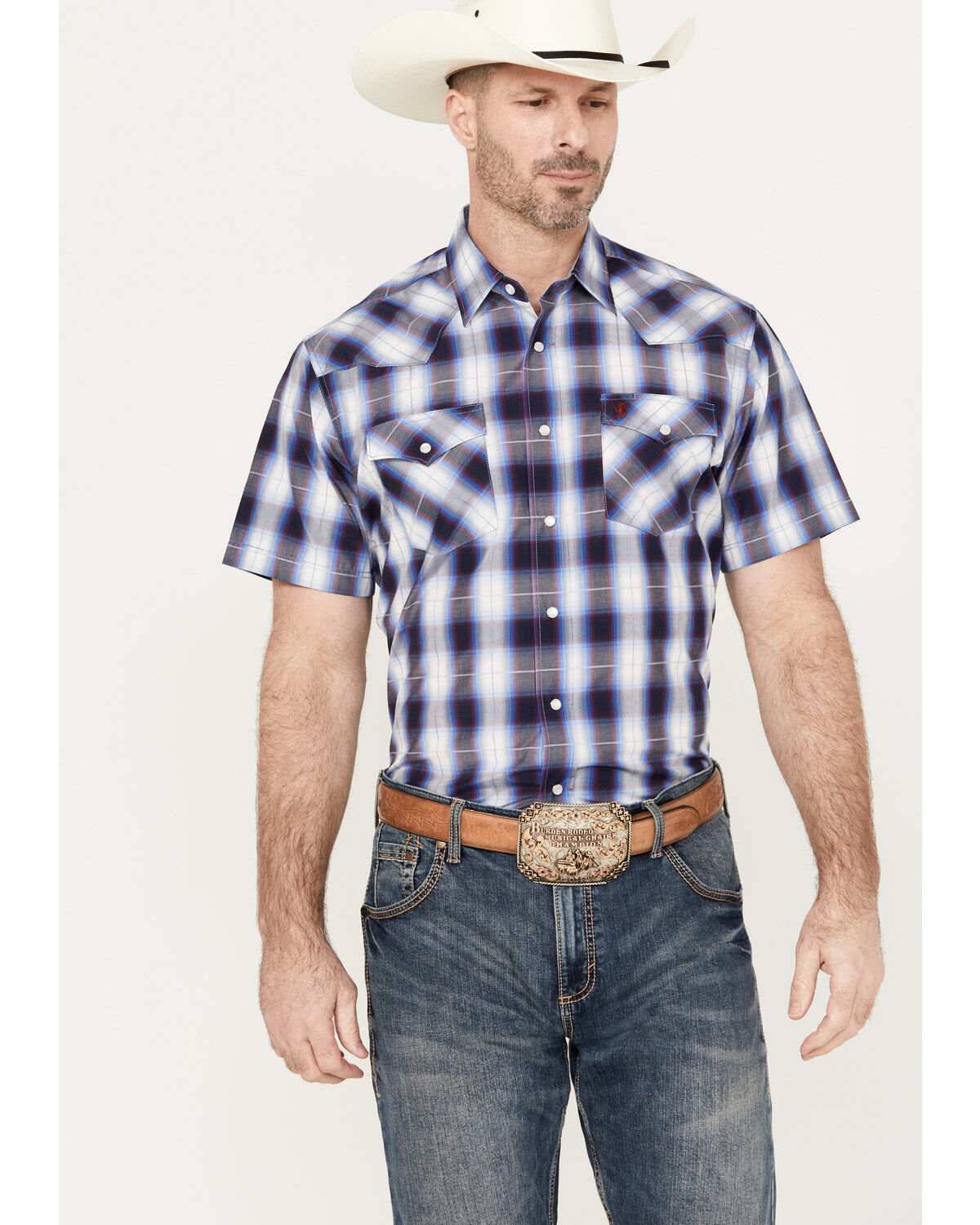 Rodeo Clothing Men's Plaid Print Short Sleeve Snap Western Shirt
