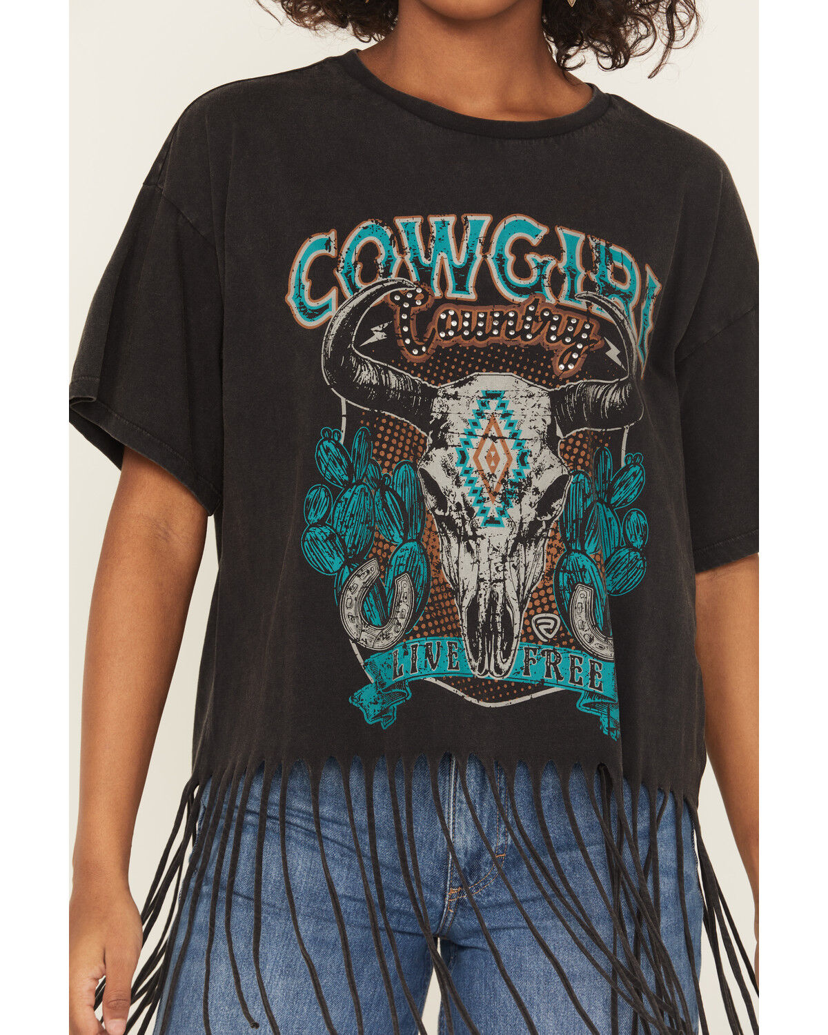 Rock & Roll Denim Women's Steer Short Sleeve Fringe Graphic Tee
