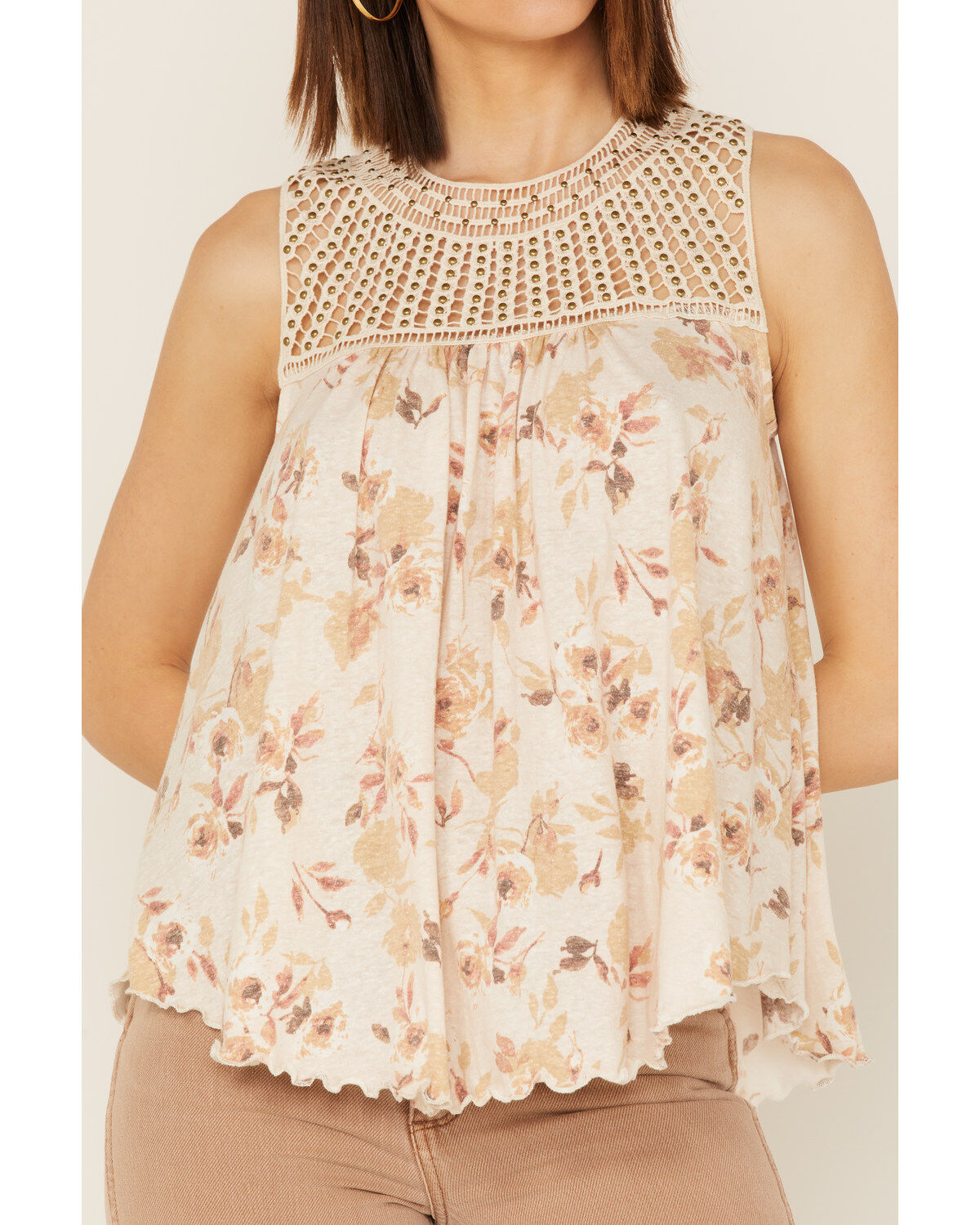 Wild Moss Women's Crochet Studded Yoke Flowy Tank Top