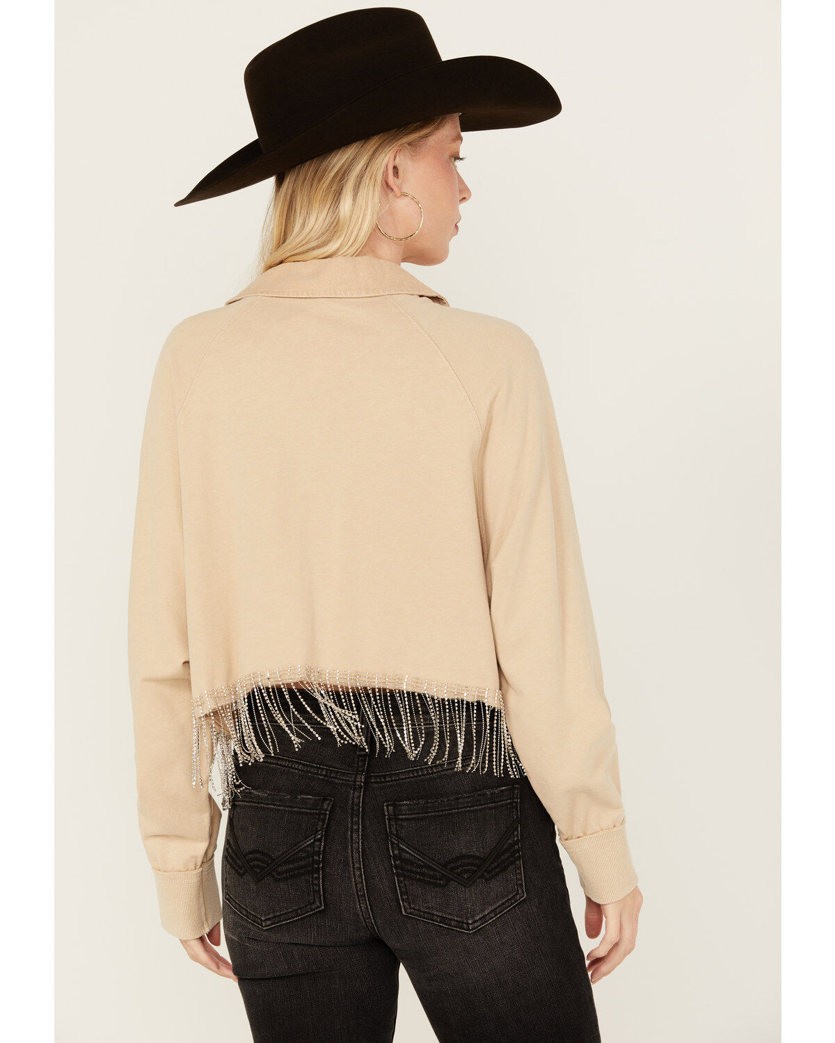 Blue B Women's Rhinestone Fringe Long Sleeve Cropped Henley Shirt