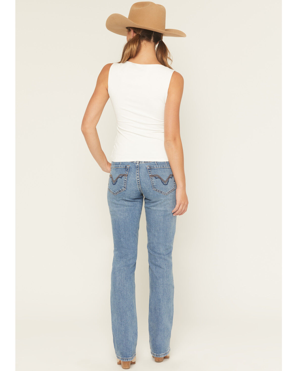 Rock & Roll Denim Women's Medium Wash High Rise Distressed Modest Bootcut Stretch Denim Jeans