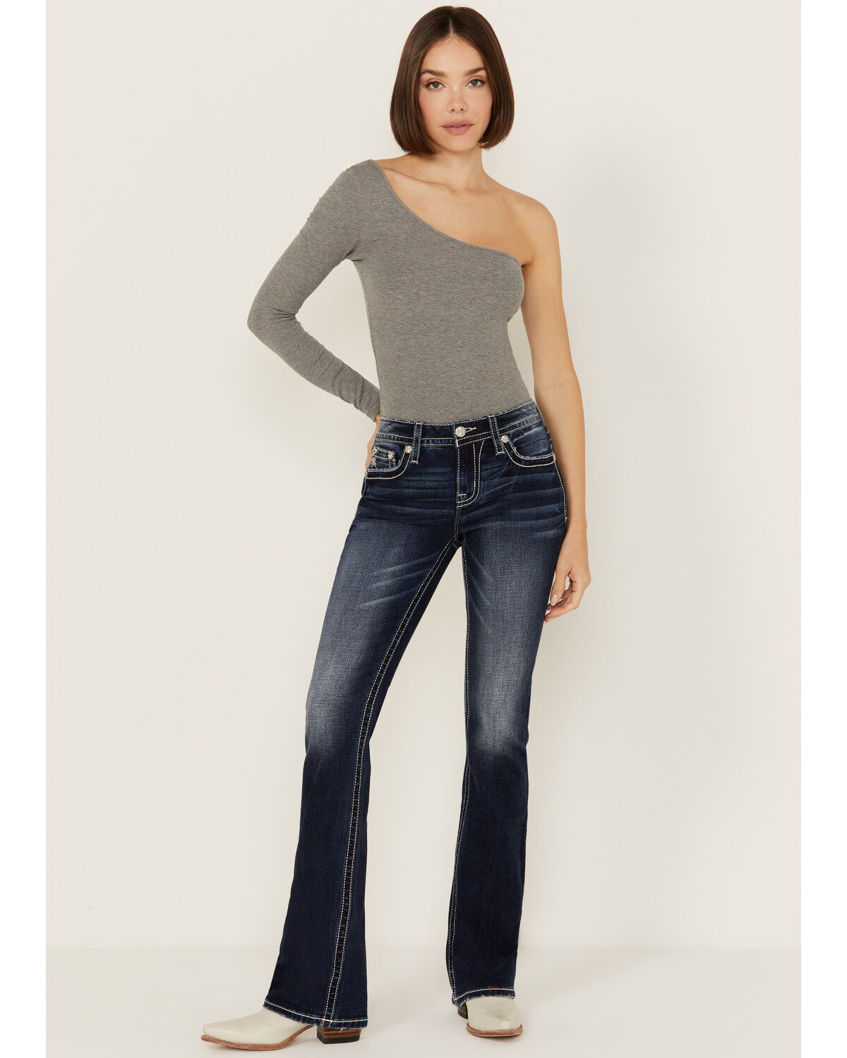 Miss Me Women's Dark Wash Mid Rise Dream Catcher Bootcut Stretch Denim Jeans