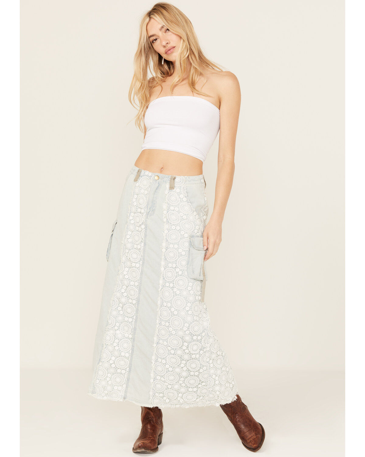 POL Women's Lace Light Wash Denim Midi Skirt