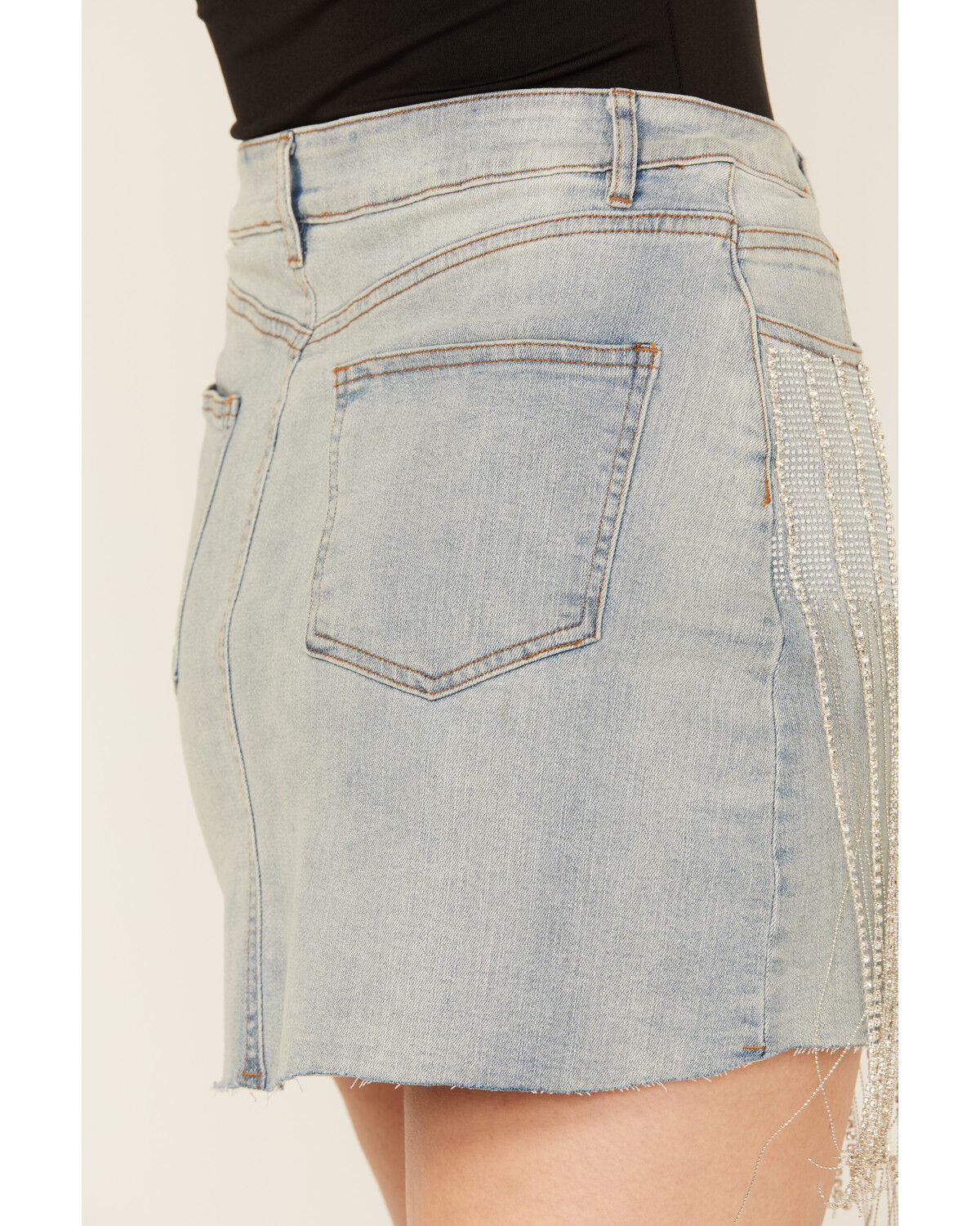 Blue B Women's Light Wash Fringe Mini Denim Skirt