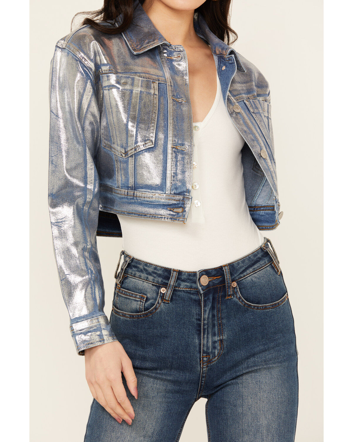 Vibrant Denim Women's Metallic Cropped Denim Jacket