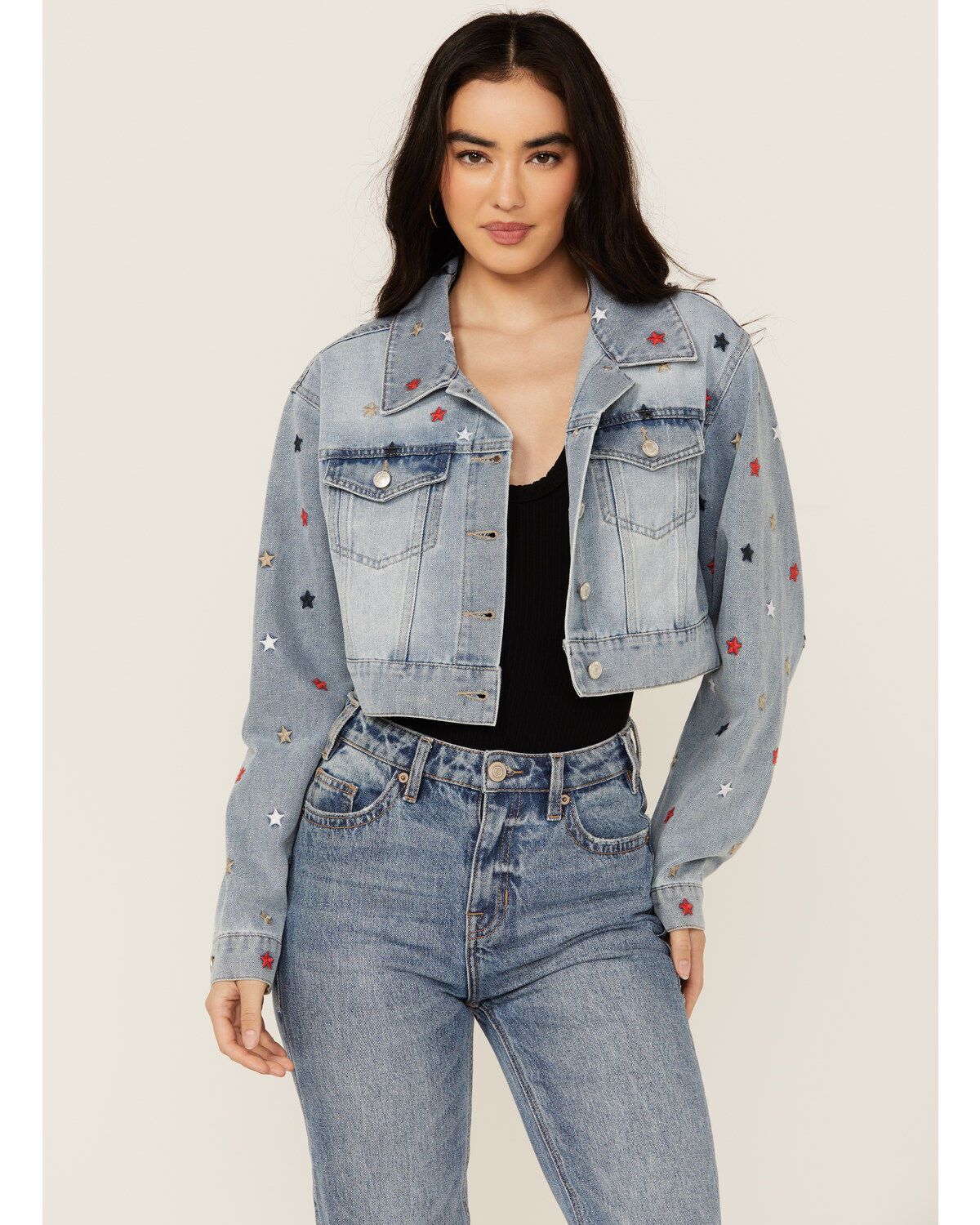 Stoosh Women's Medium Wash Star Embroidered Cropped Denim Jacket
