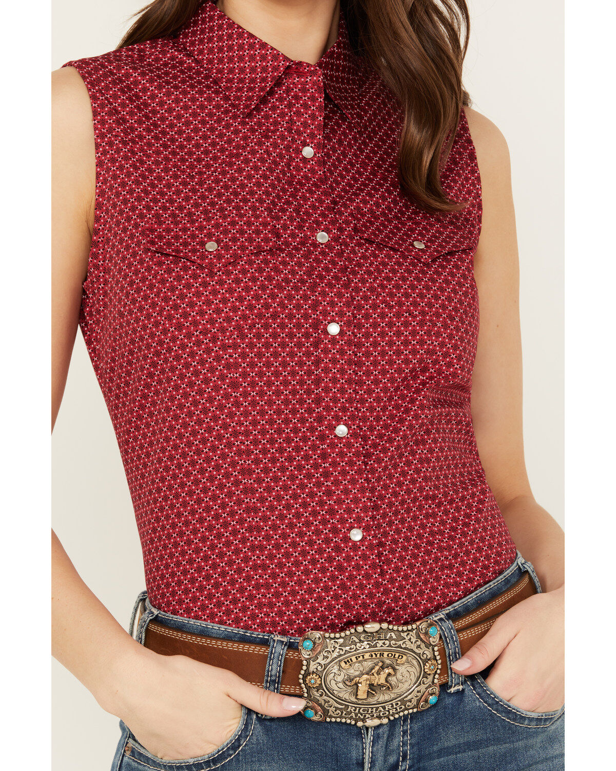 Ely Walker Women's Geo Print Sleeveless Pearl Snap Western Shirt