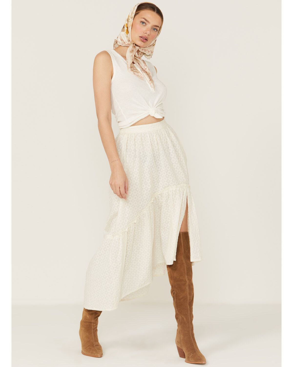 Shyanne Women's White Eyelet Hi Low Midi Skirt