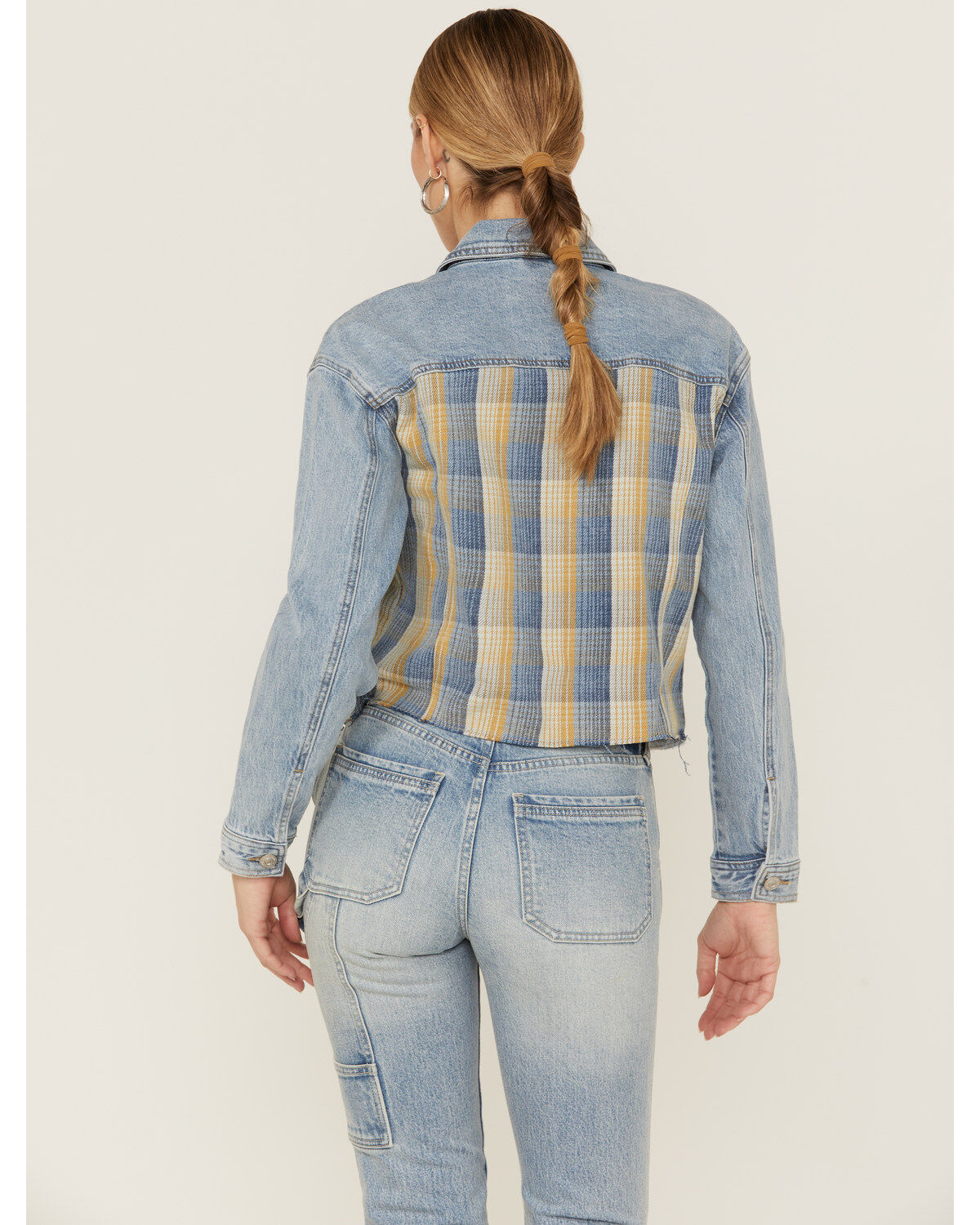 Cleo + Wolf Women's Oversized Plaid Mix Denim Cropped Jacket