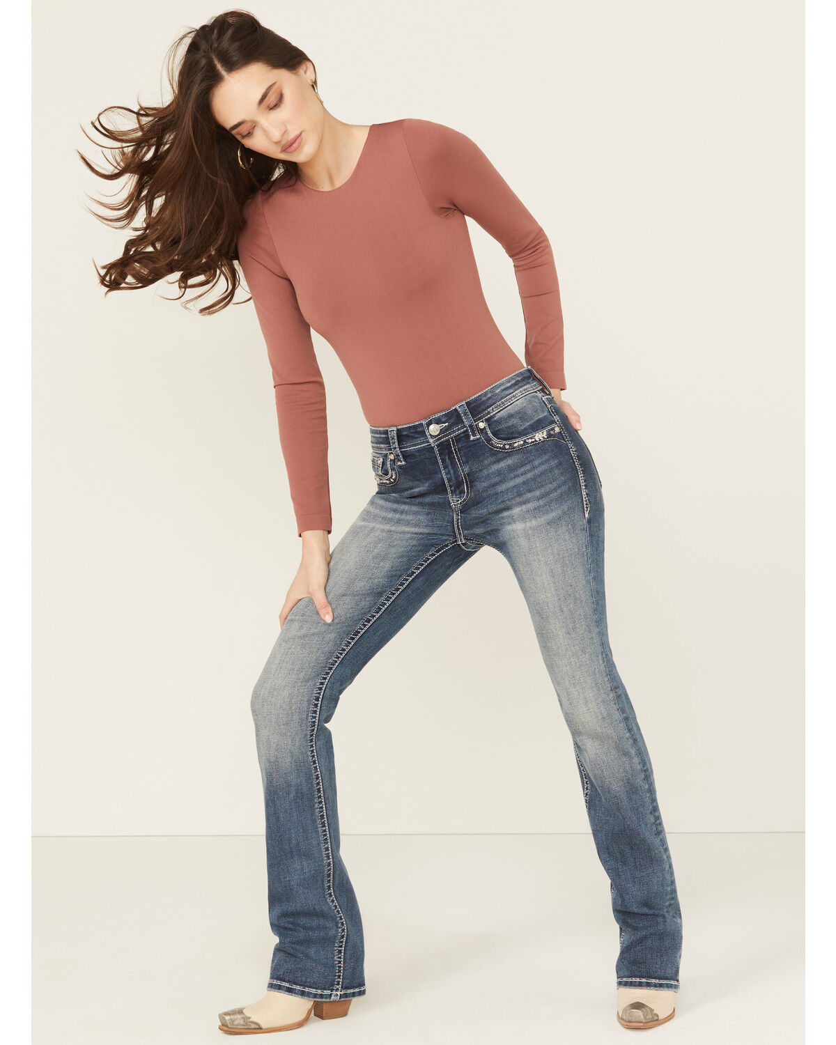 Grace In LA Women's Medium Wash Mid Rise Embroidered Bootcut Stretch Denim Jeans