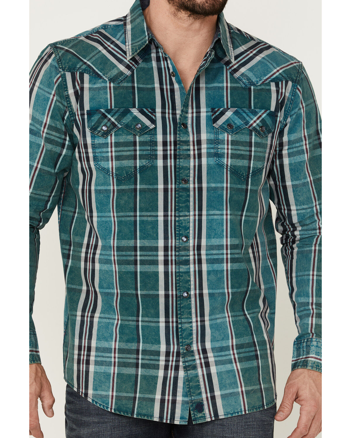 Moonshine Spirit Men's Marble Crackle Plaid Long Sleeve Snap Western Shirt