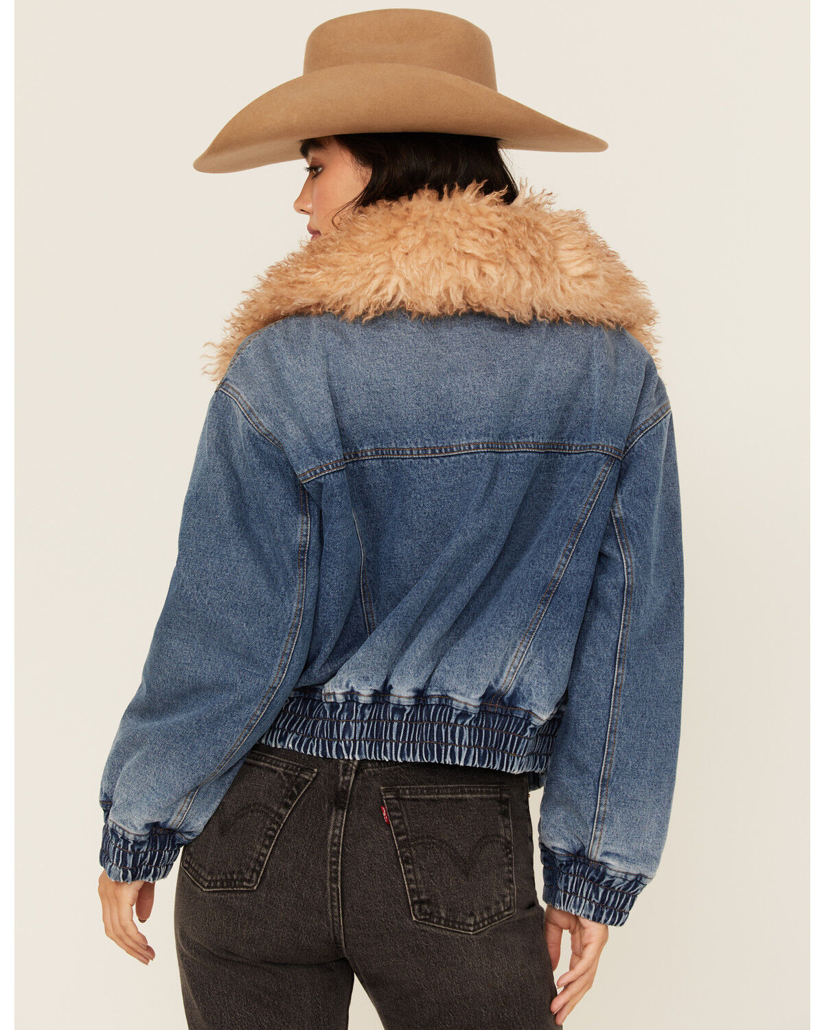 BLANKNYC Women's Fur Collar Denim Bomber Jacket