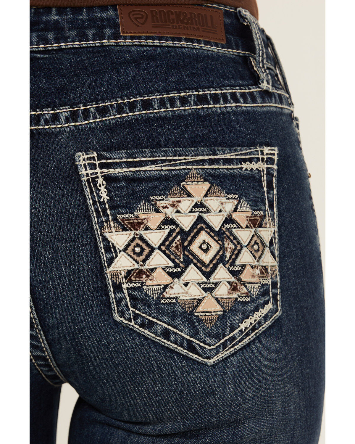 Rock & Roll Denim Women's Dark Wash Mid Rise Geo Pocket Bootcut Stretch Denim Jeans