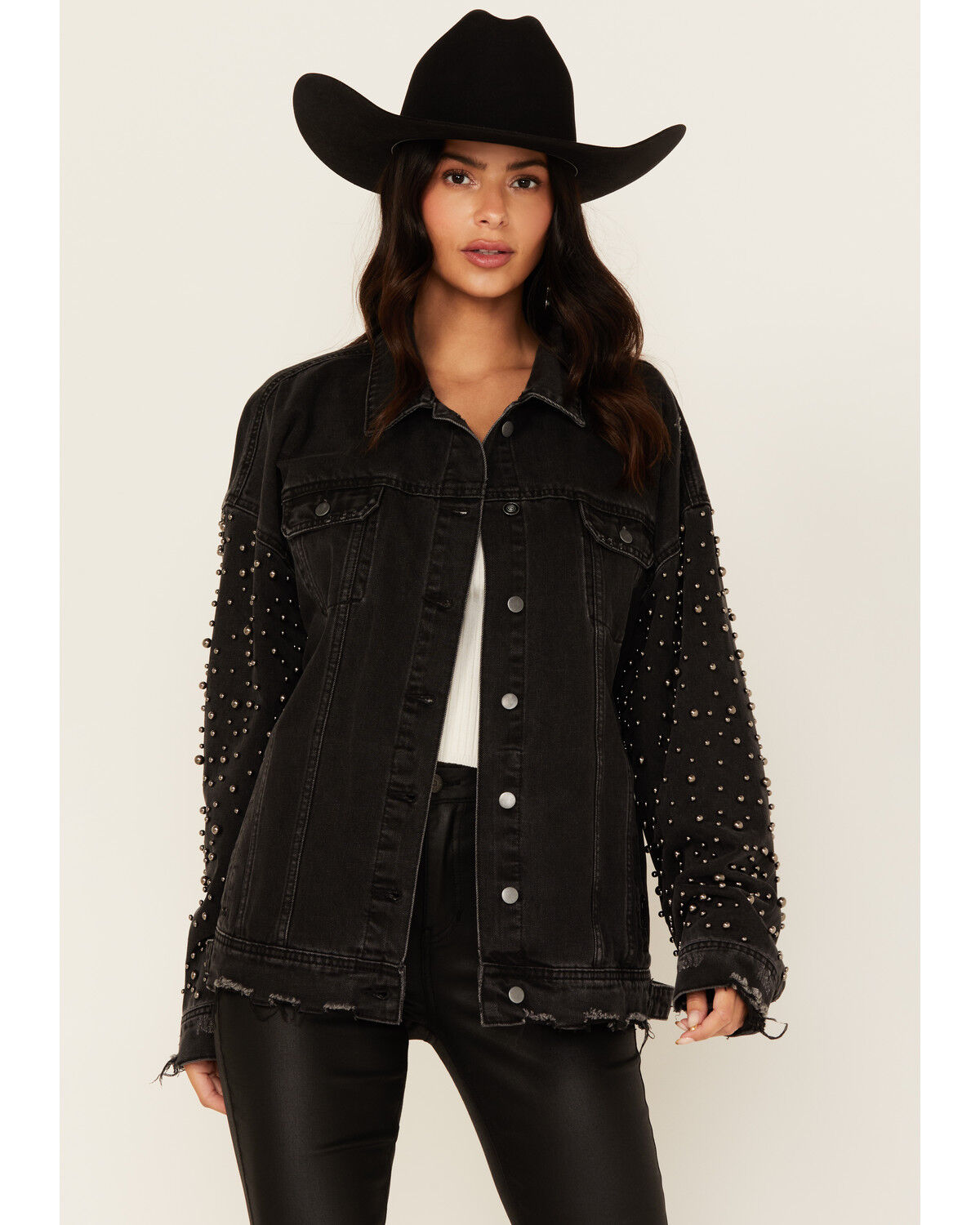 Rock & Roll Denim Women's Distressed Pearl Studded Sleeve Denim Jacket