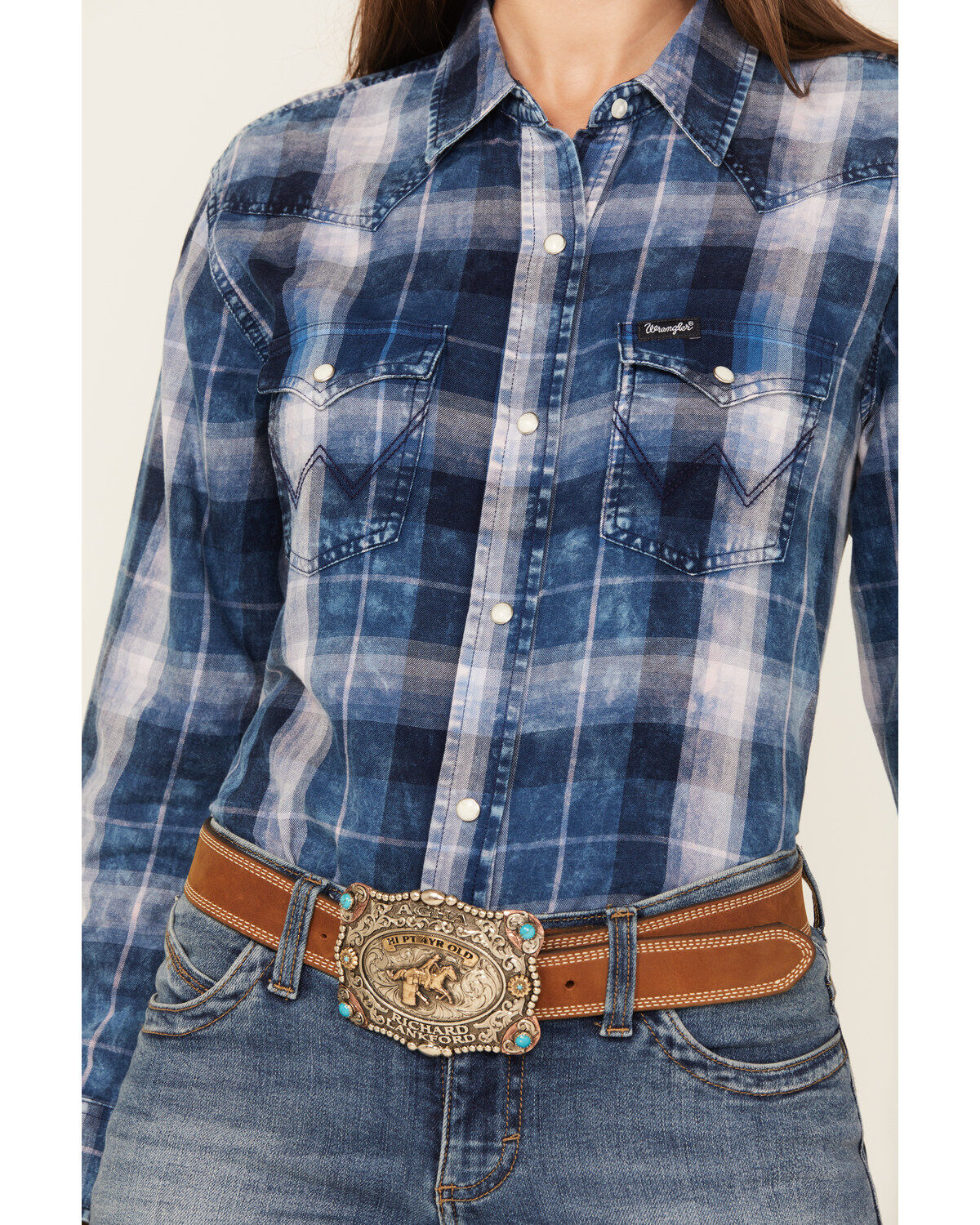 Wrangler Retro Women's Medium Wash Denim Plaid Print Long Sleeve Snap Western Shirt