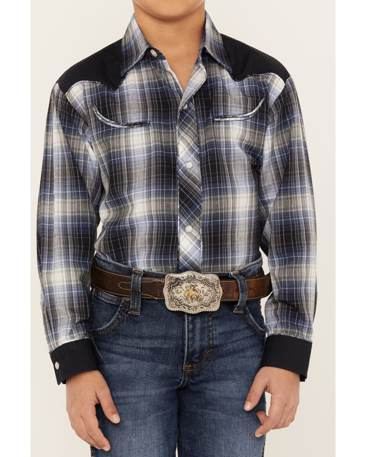 Roper Boys' Plaid Print Long Sleeve Pearl Snap Retro Western Shirt