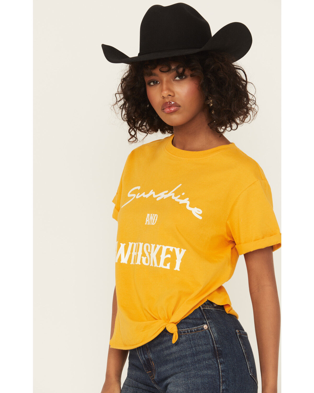 Shyanne Women's Sunshine and Whiskey Short Sleeve Tie-Front Graphic Tee
