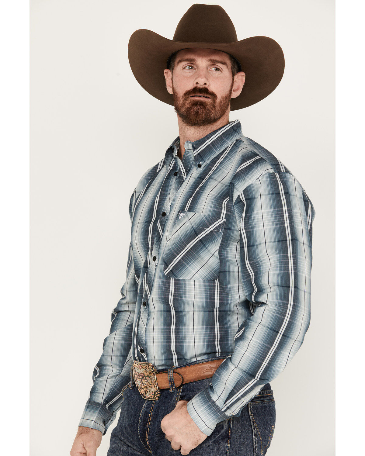 Cowboy Hardware Men's Gradient Plaid Print Long Sleeve Button Down Western Shirt