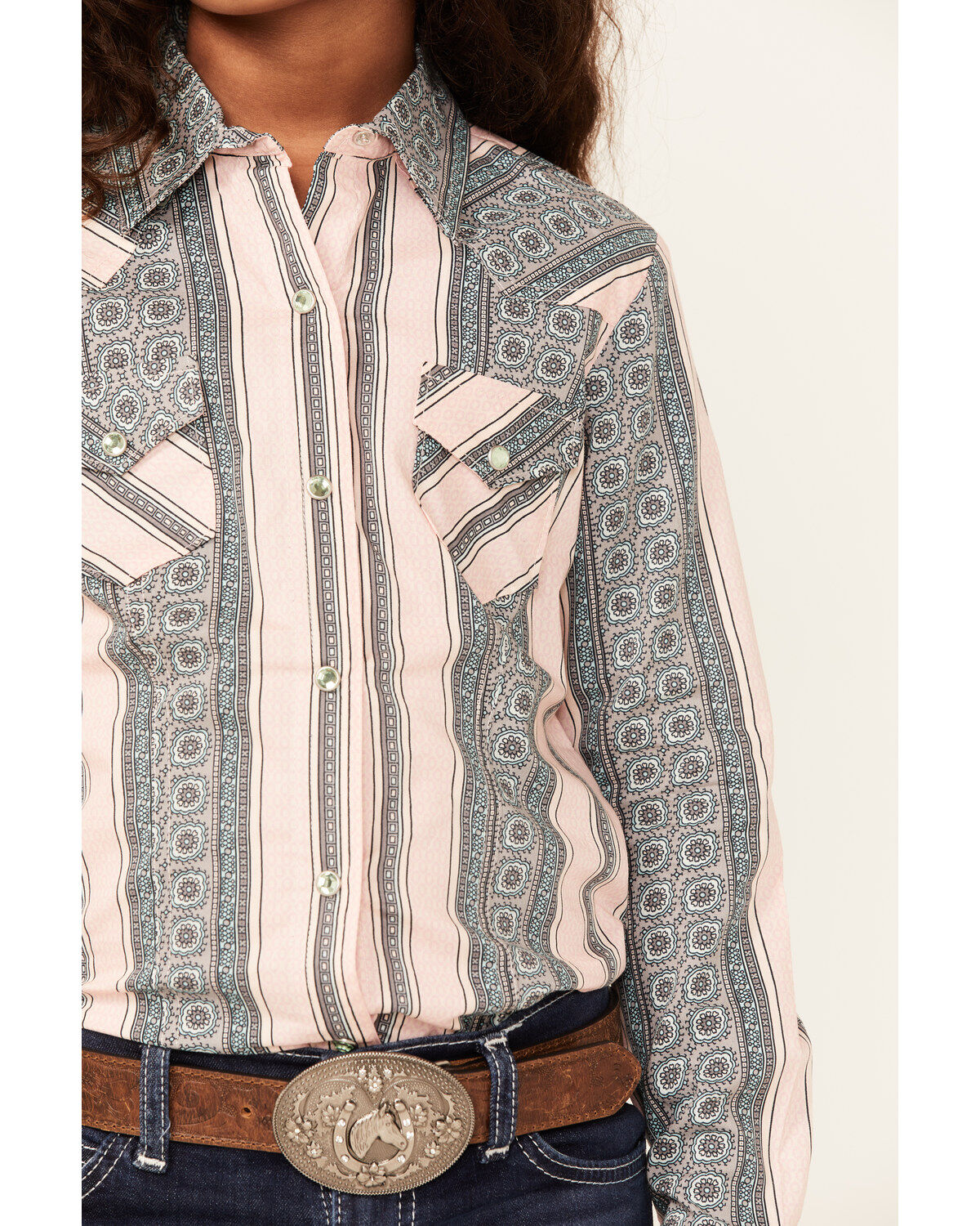 Cruel Girl Girls' Medallion Stripe Long Sleeve Snap Western Shirt