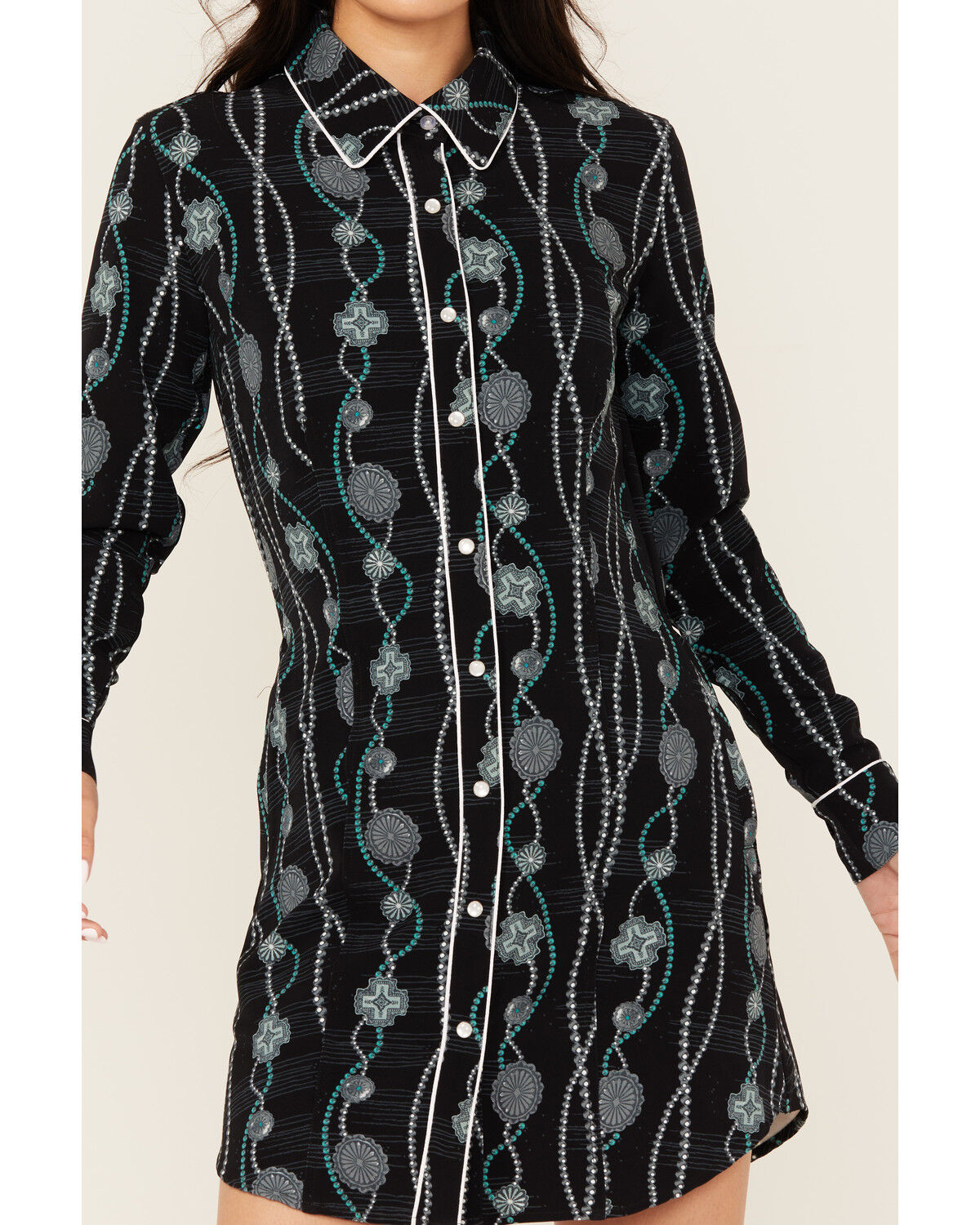 Panhandle Women's Concho Print Long Sleeve Snap Western Mini Dress