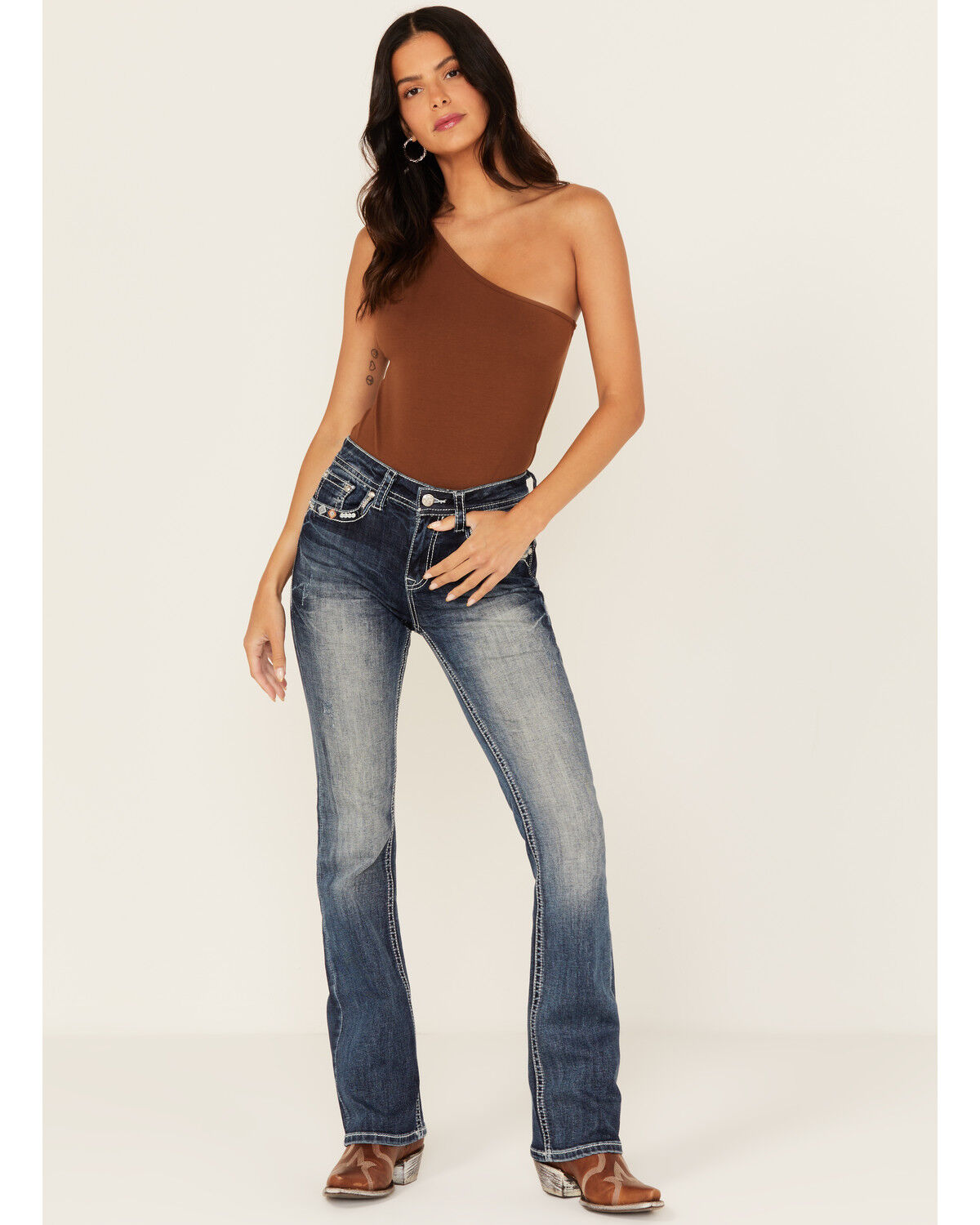 Grace In LA Women's Medium Wash Geo Print Embroidered Mid Rise Bootcut Stretch Denim Jeans