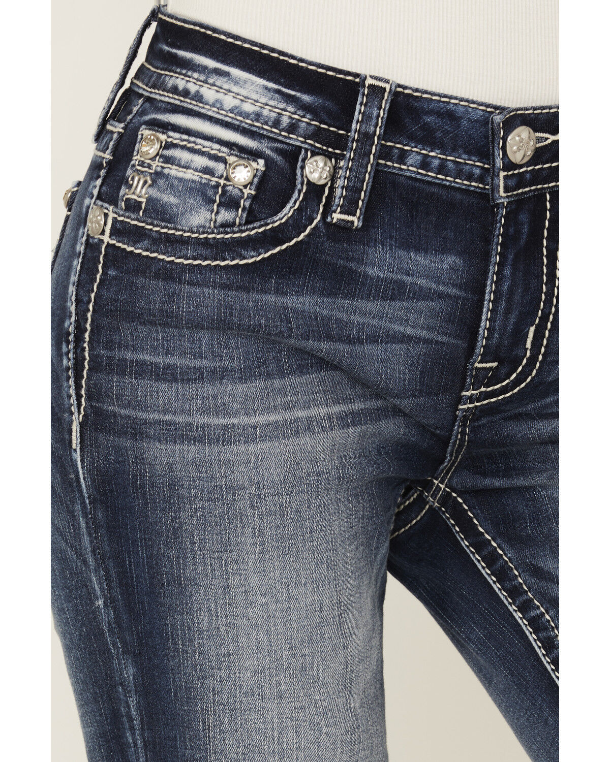 Miss Me Women's Dark Wash Mid Rise Flag Pocket Bootcut Stretch Denim Jeans