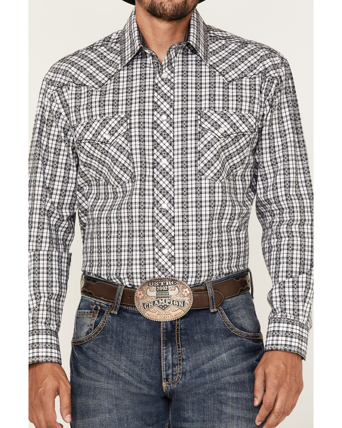 Rough Stock By Panhandle Men's Dobby Small Plaid Print Long Sleeve Pearl Snap Western Shirt
