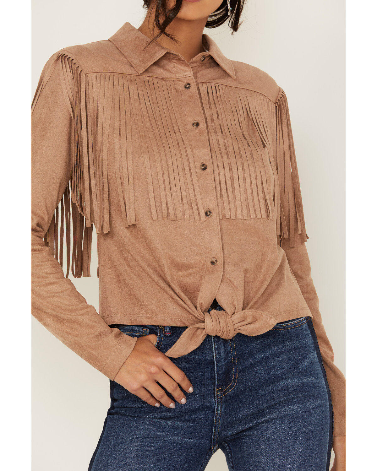 Idyllwind Women's Fate Tie-Front Faux Suede Fringe Shirt