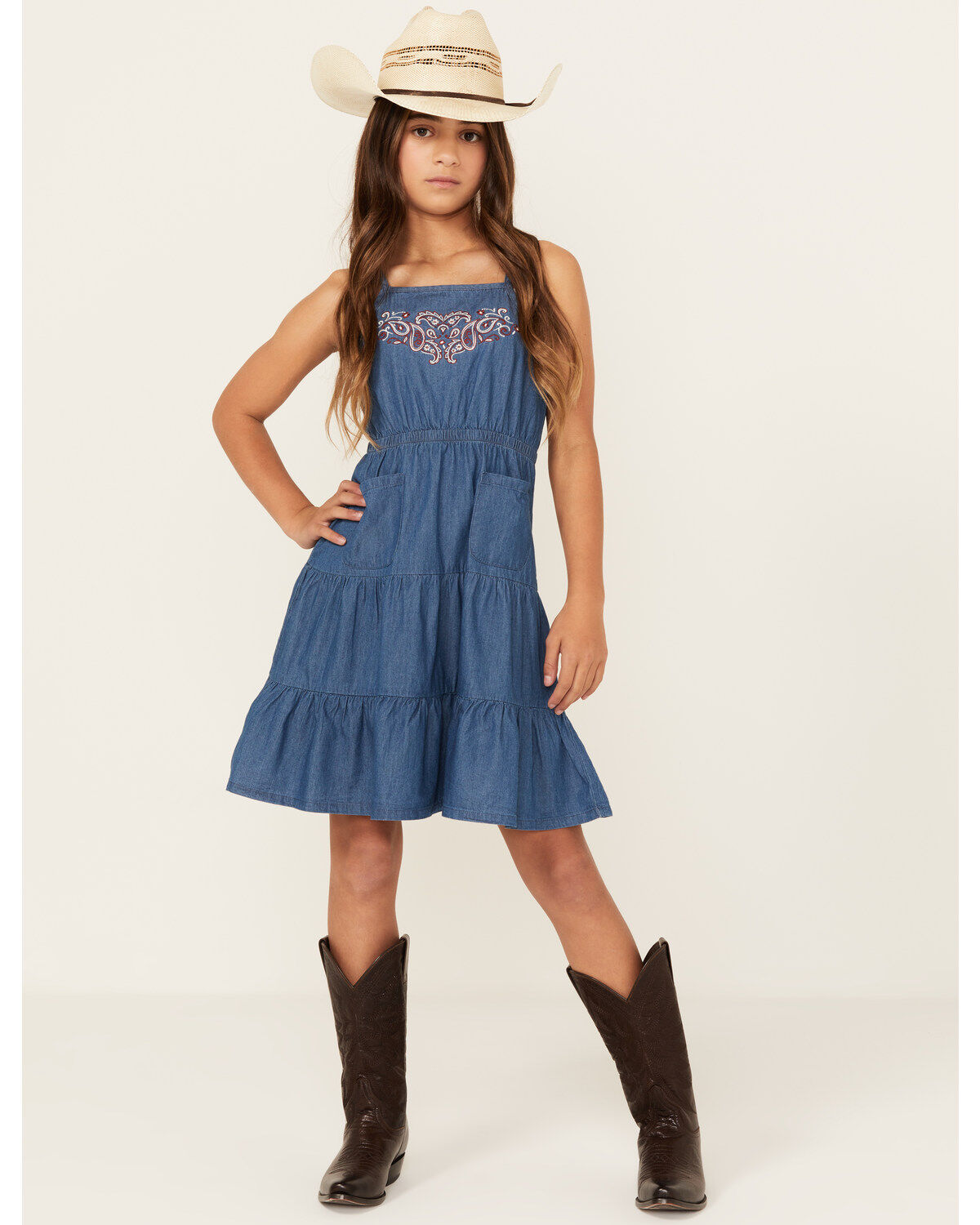 Shyanne Girls' Pinedale Paisley Embroidered Sleeveless Denim Ruffle Mini Dress