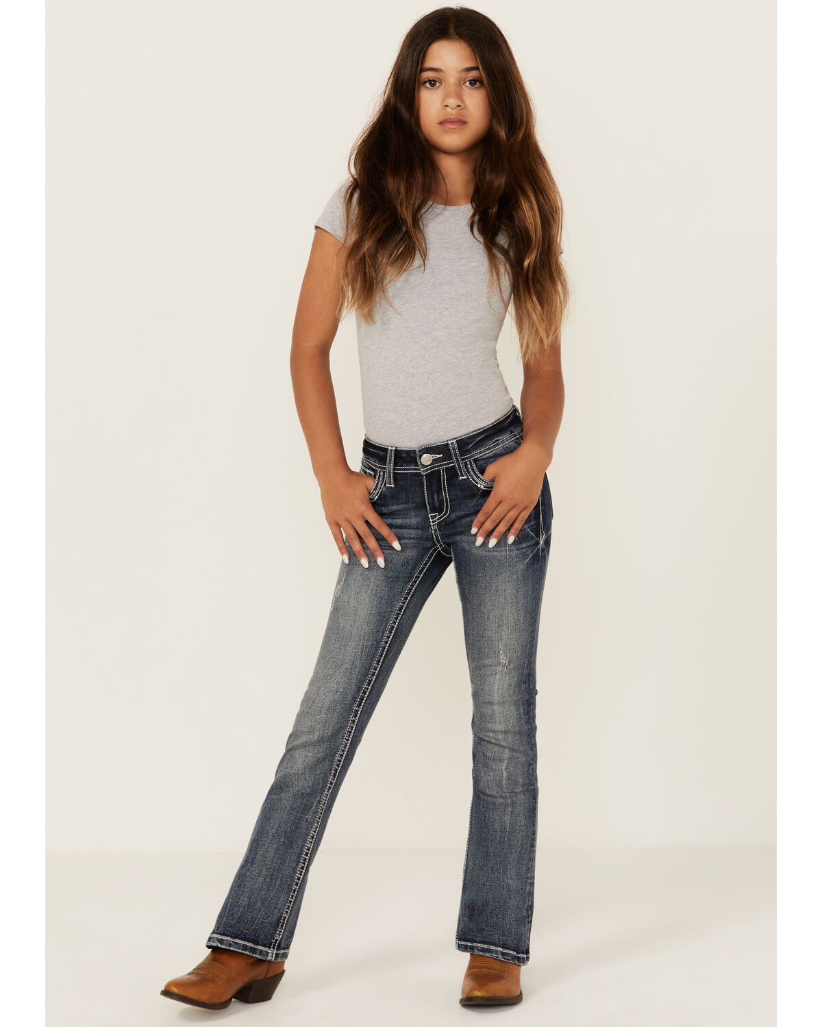 Grace in LA Girls' Medium Wash Thunderbird Pocket Bootcut Stretch Denim Jeans