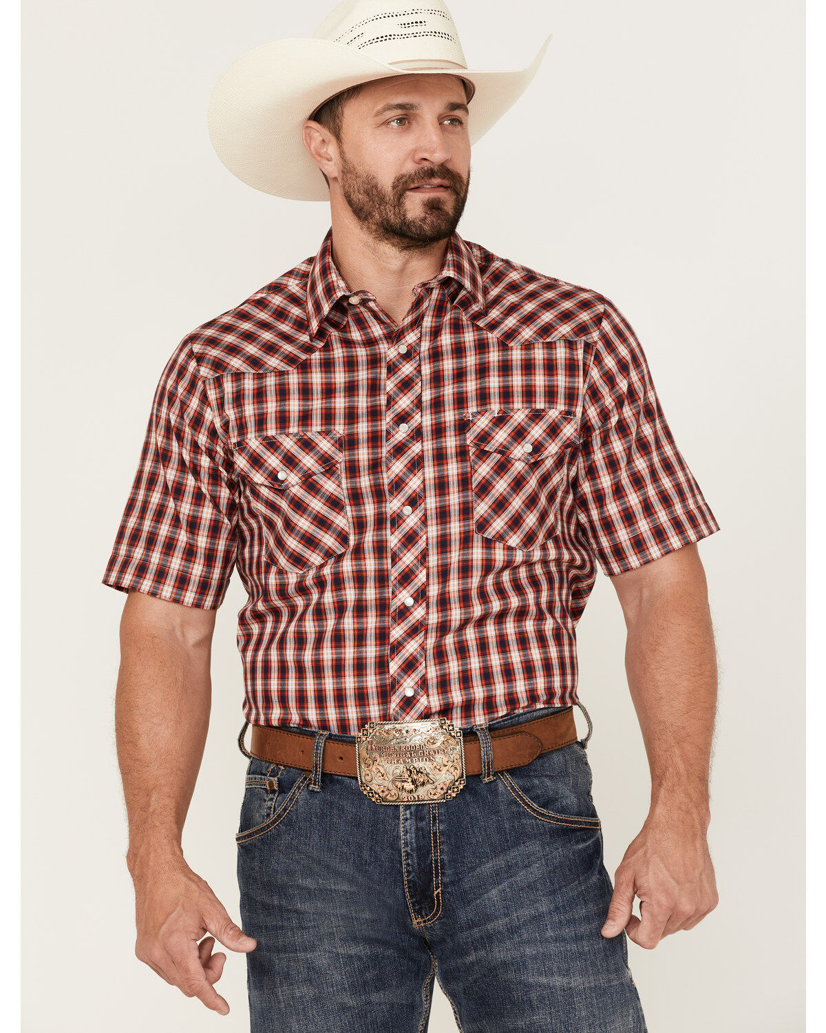 Roper Men's Classic Small Plaid Short Sleeve Pearl Snap Western Shirt