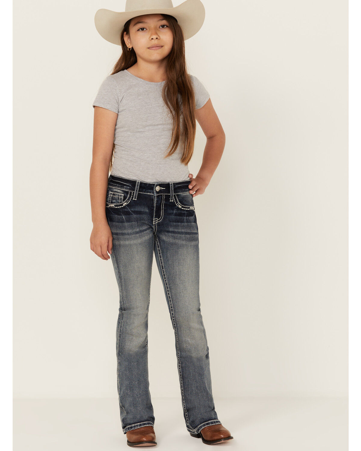 Grace in LA Girls' Medium Wash Geo Pocket Bootcut Stretch Denim Jeans