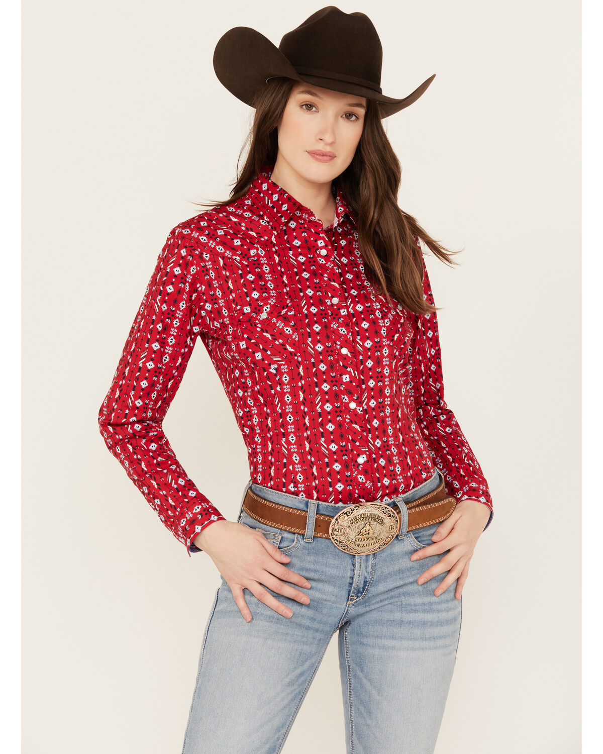 Rough Stock by Panhandle Women's Southwestern Print Long Sleeve Stretch Pearl Snap Western Shirt