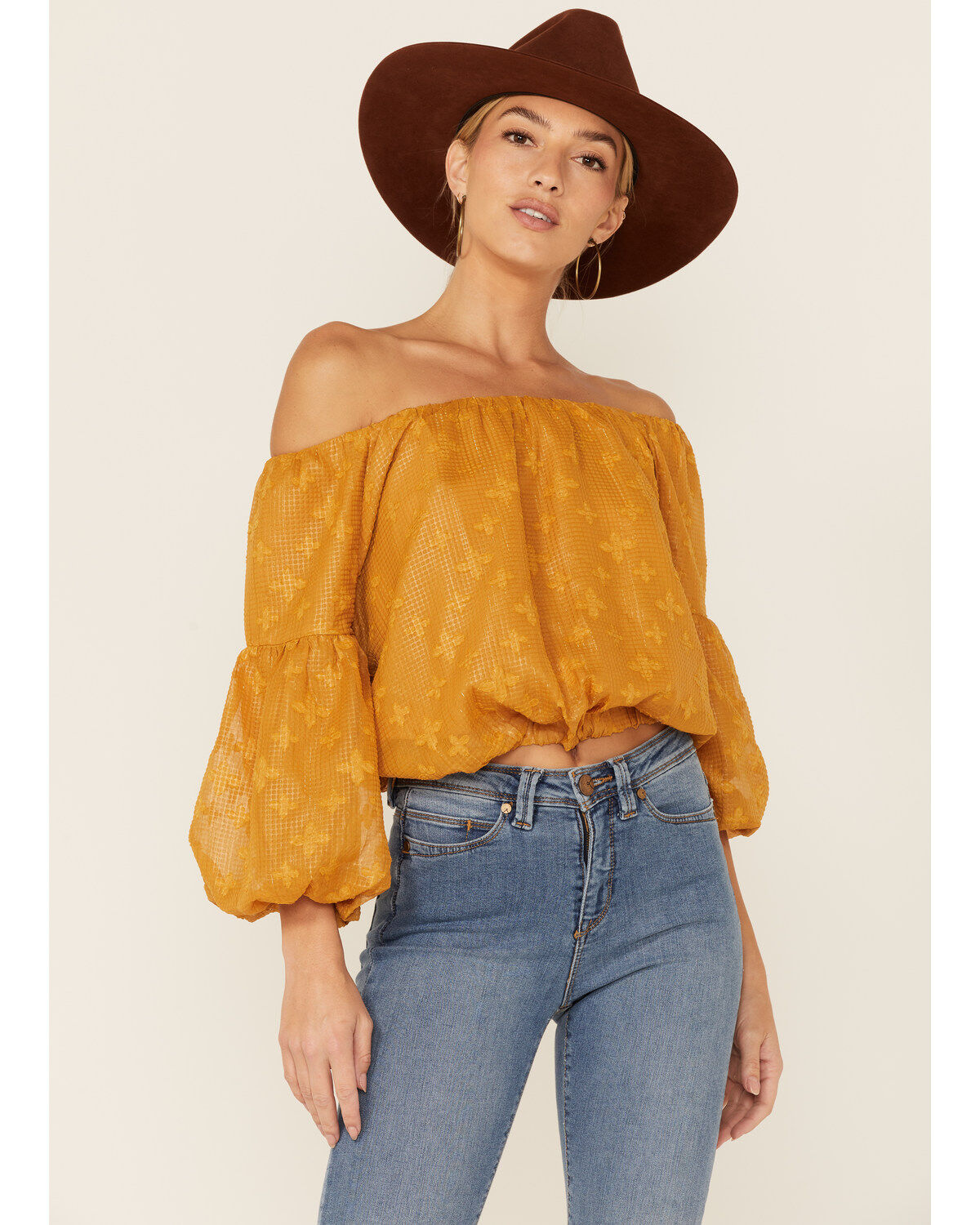 Flying Tomato Women's Mustard Textured Off The Shoulder Crop Top