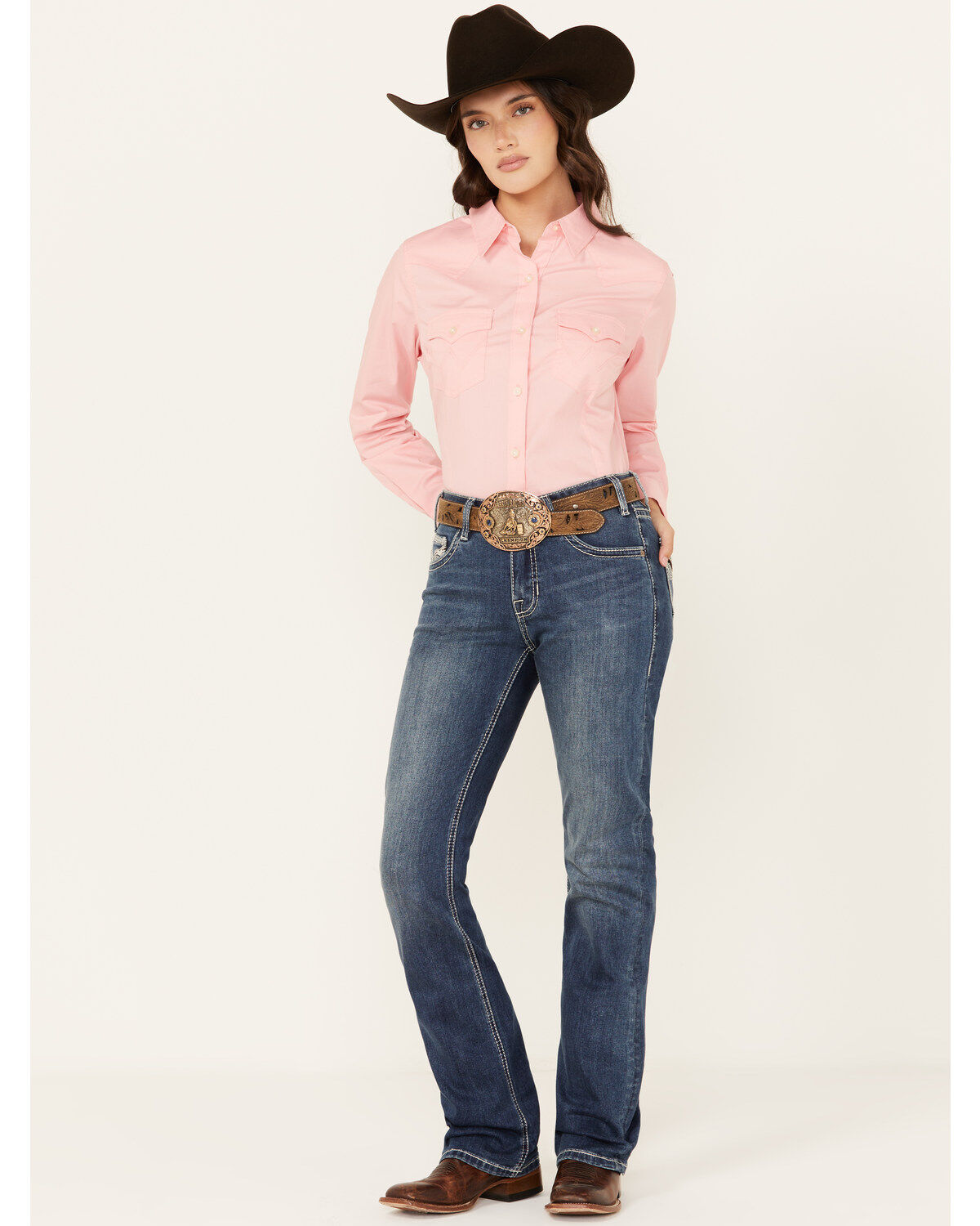 Rock & Roll Denim Women's Medium Wash Mid Rise Cowhide Pocket Bootcut Stretch Denim Jeans