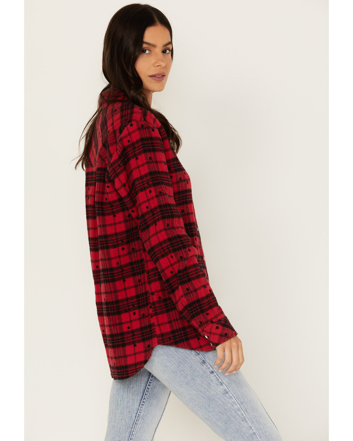 Idyllwind Women's Tira Plaid Star Print Flannel Pearl Snap Shacket