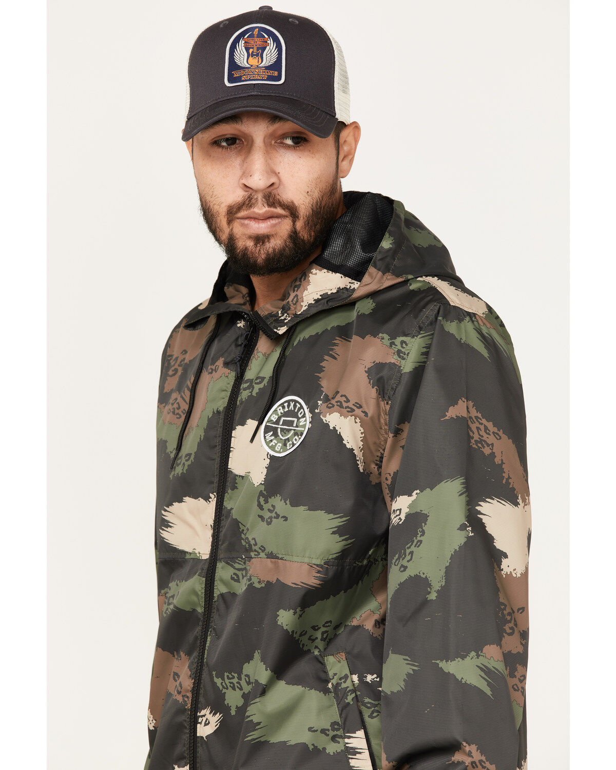 Brixton Men's Camo Print Claxton Crest Logo Graphic Hooded Zip Jacket