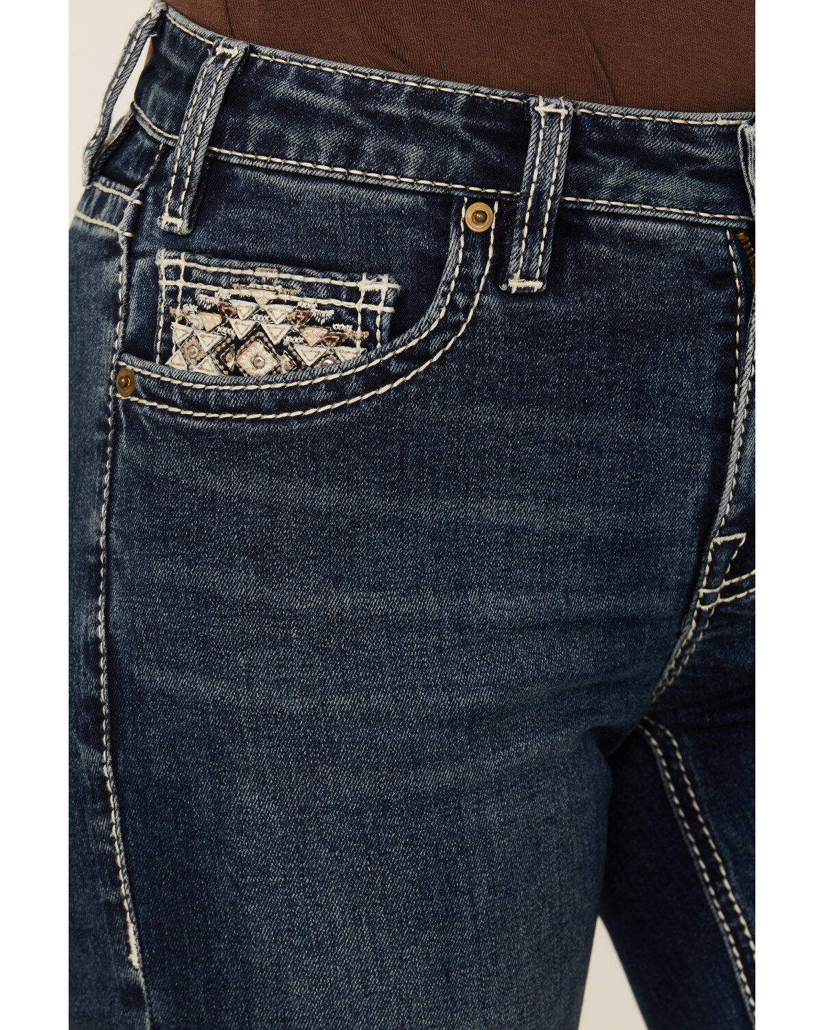 Rock & Roll Denim Women's Dark Wash Mid Rise Geo Pocket Bootcut Stretch Denim Jeans