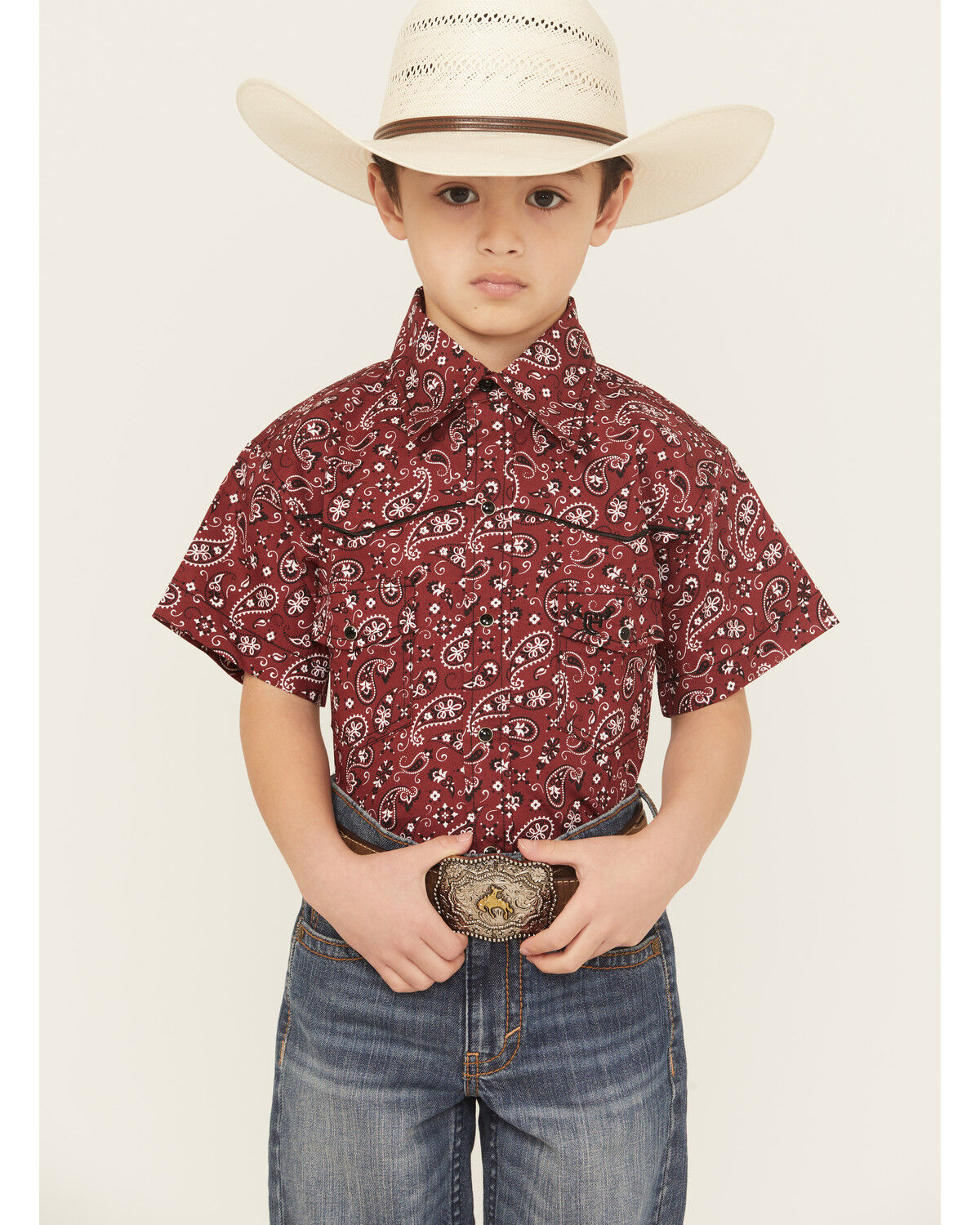 Cowboy Hardware Boys' Paisley Print Short Sleeve Snap Stretch Western Shirt