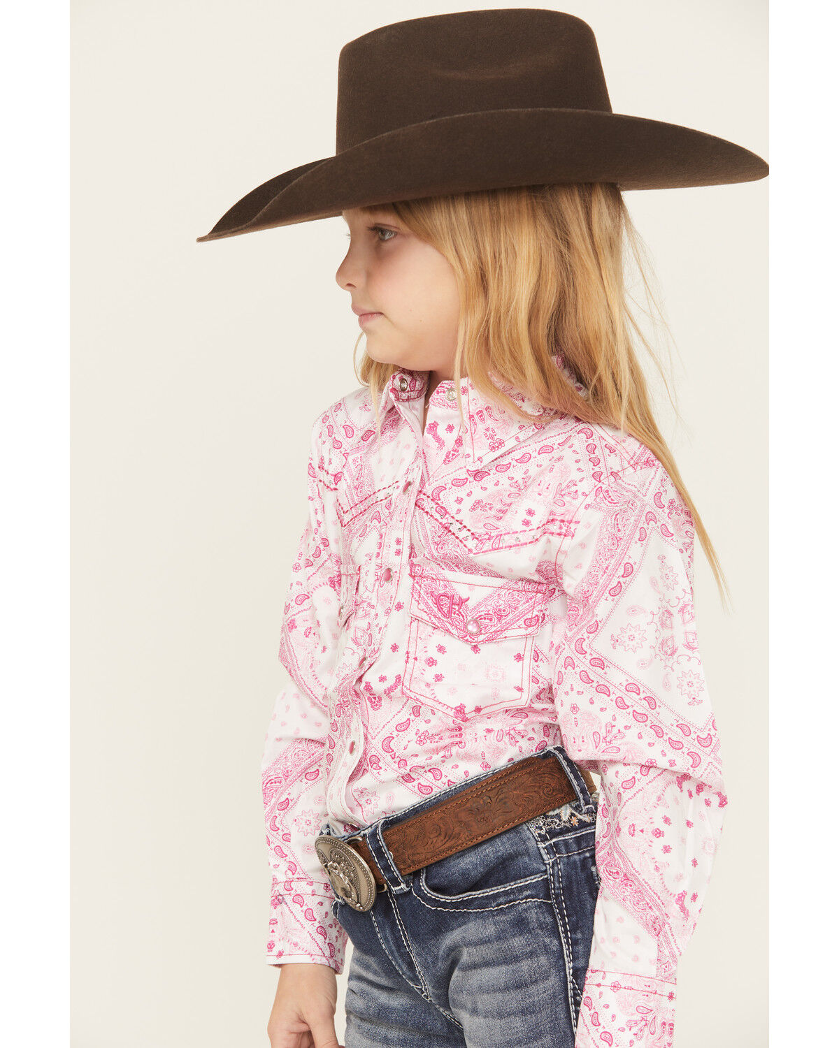 Cowgirl Hardware Girls' Bandana Print Long Sleeve Pearl Snap Stretch Western Shirt
