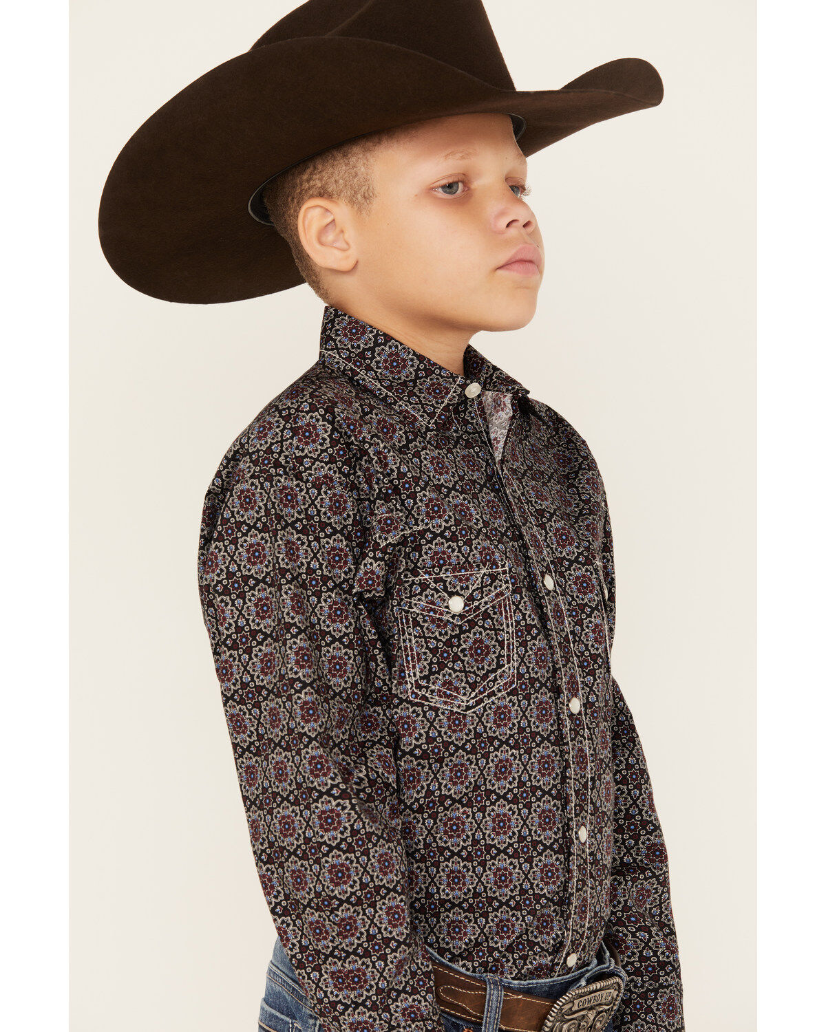 Rock & Roll Denim Boys' Medallion Print Long Sleeve Pearl Snap Stretch Shirt