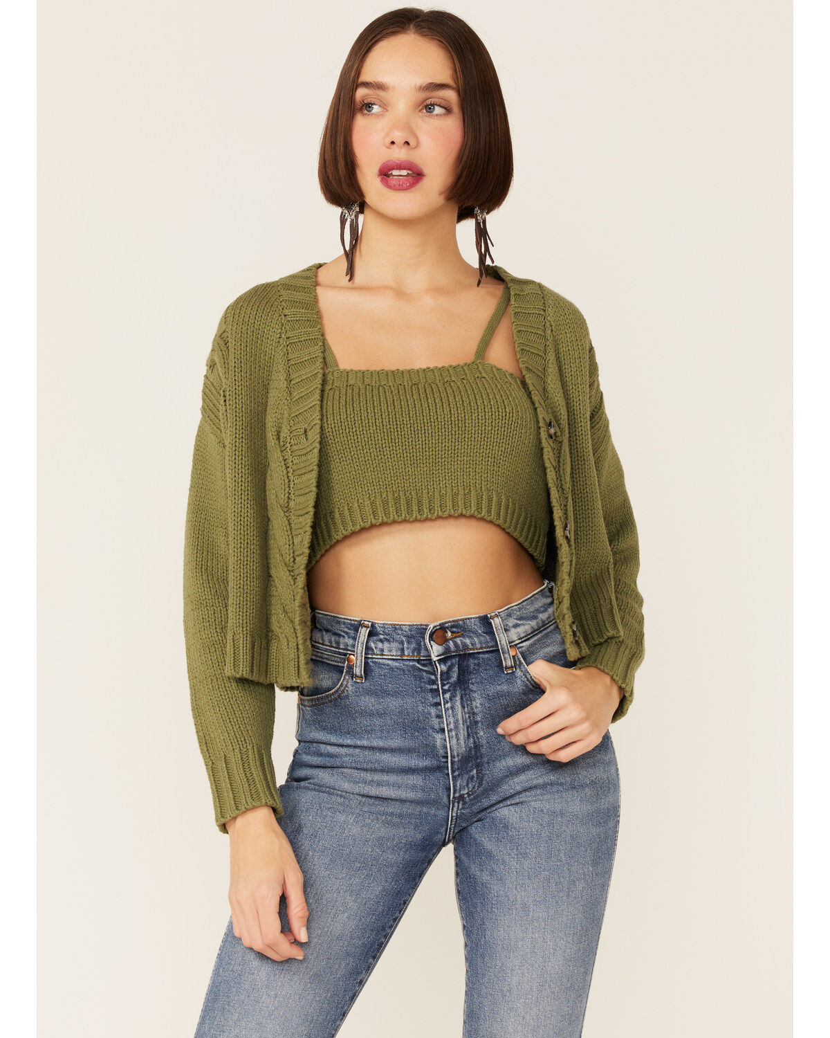 Callahan Women's Sage Olive Cable Lu Cardigan & Tank Set
