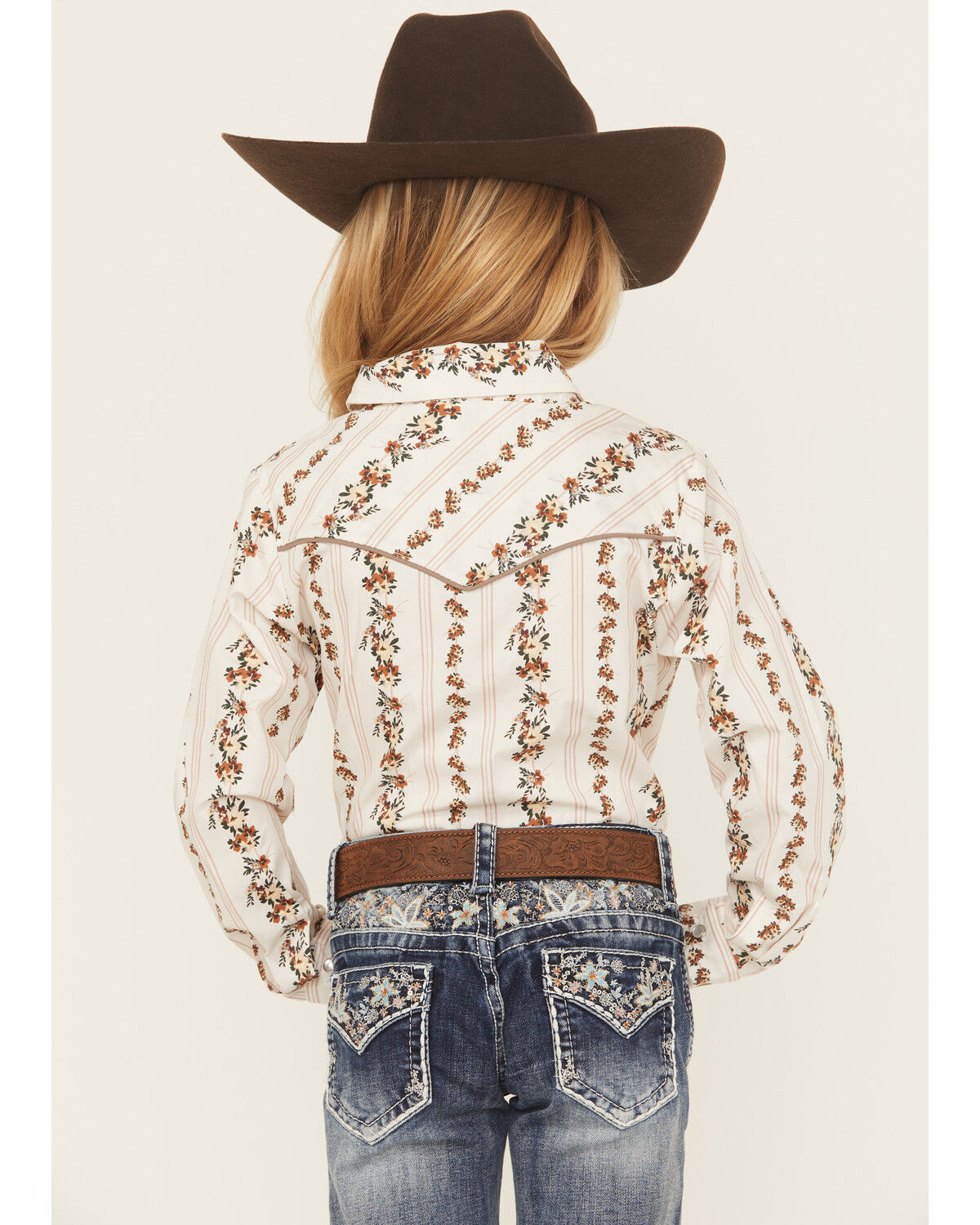 Ely Walker Girls' Floral Striped Long Sleeve Pearl Snap Western Shirt